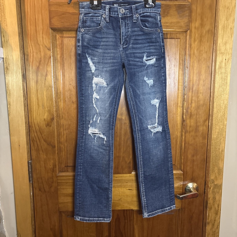 BKE Boys Size 12 Conner Straight Distressed Adjustable Waist Jeans GBK8117 Blue
